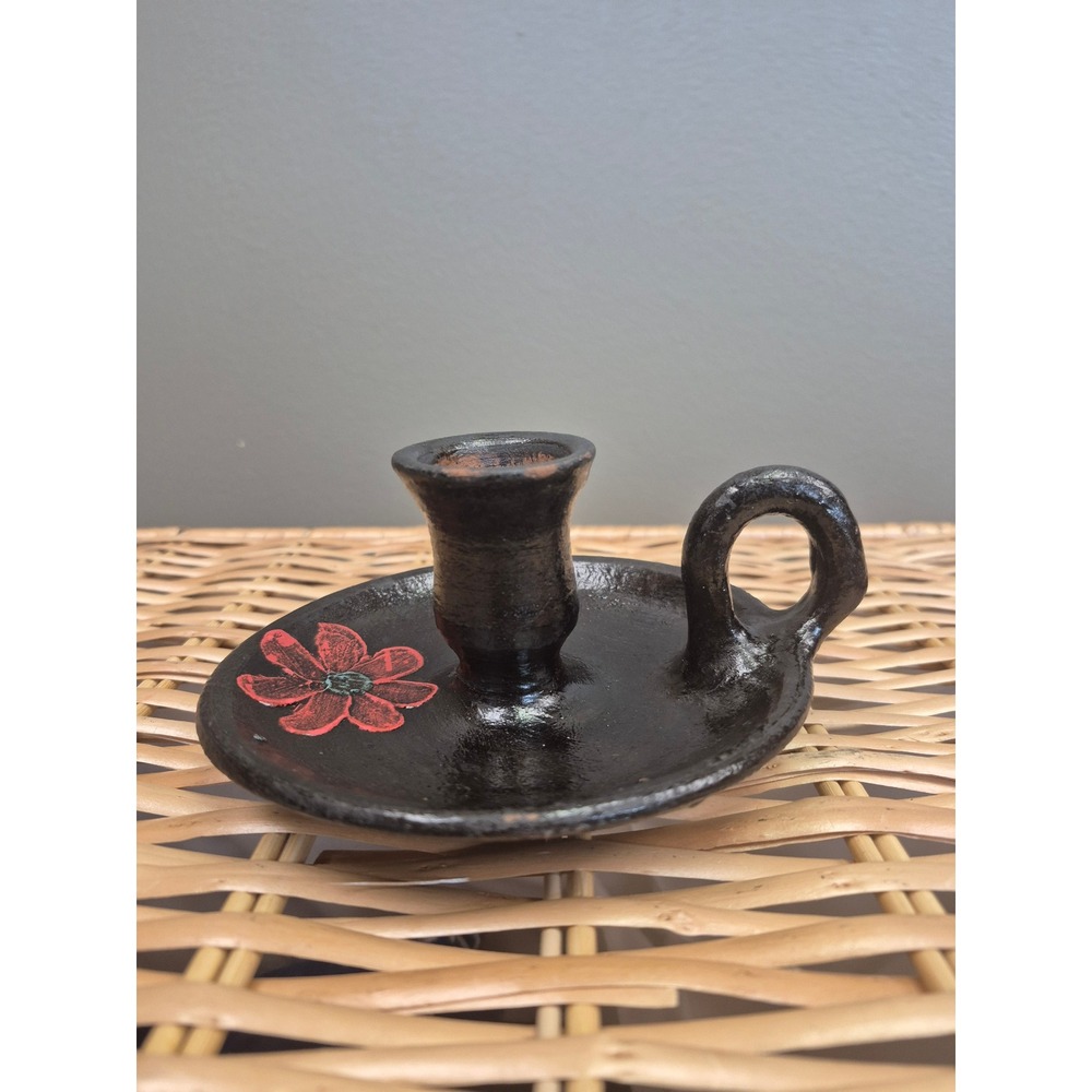 Vintage Studio Pottery Chamberstick Candle Holder Black Glaze Red Flower Folk